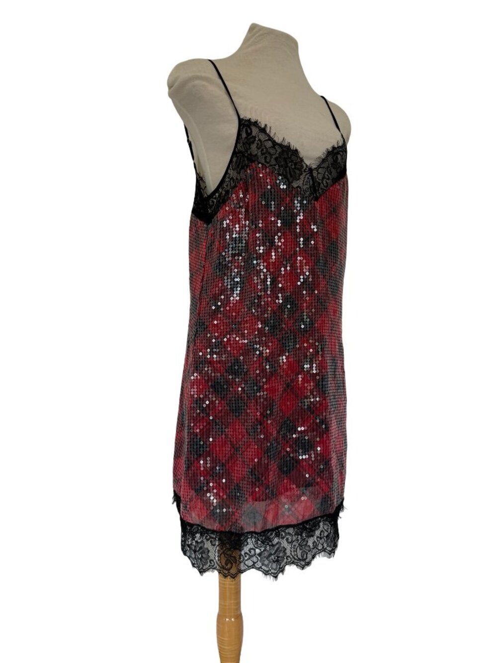 Sequin Slip Dress - Lace Trim - Black and Red Plaid